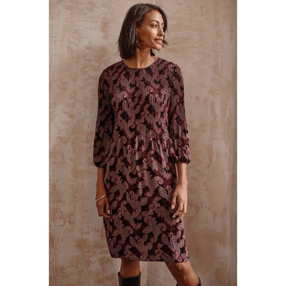 J Jill Wearever Sunburst Pleated Dress Black Plum Medium Petite Office Workwear - Picture 1 of 11